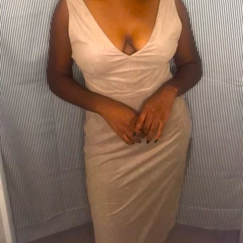 Bcbg Mid knee Beige Side splits suede cocktail dress